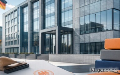 Ein Bankgebäude und Akten im Vordergrund.