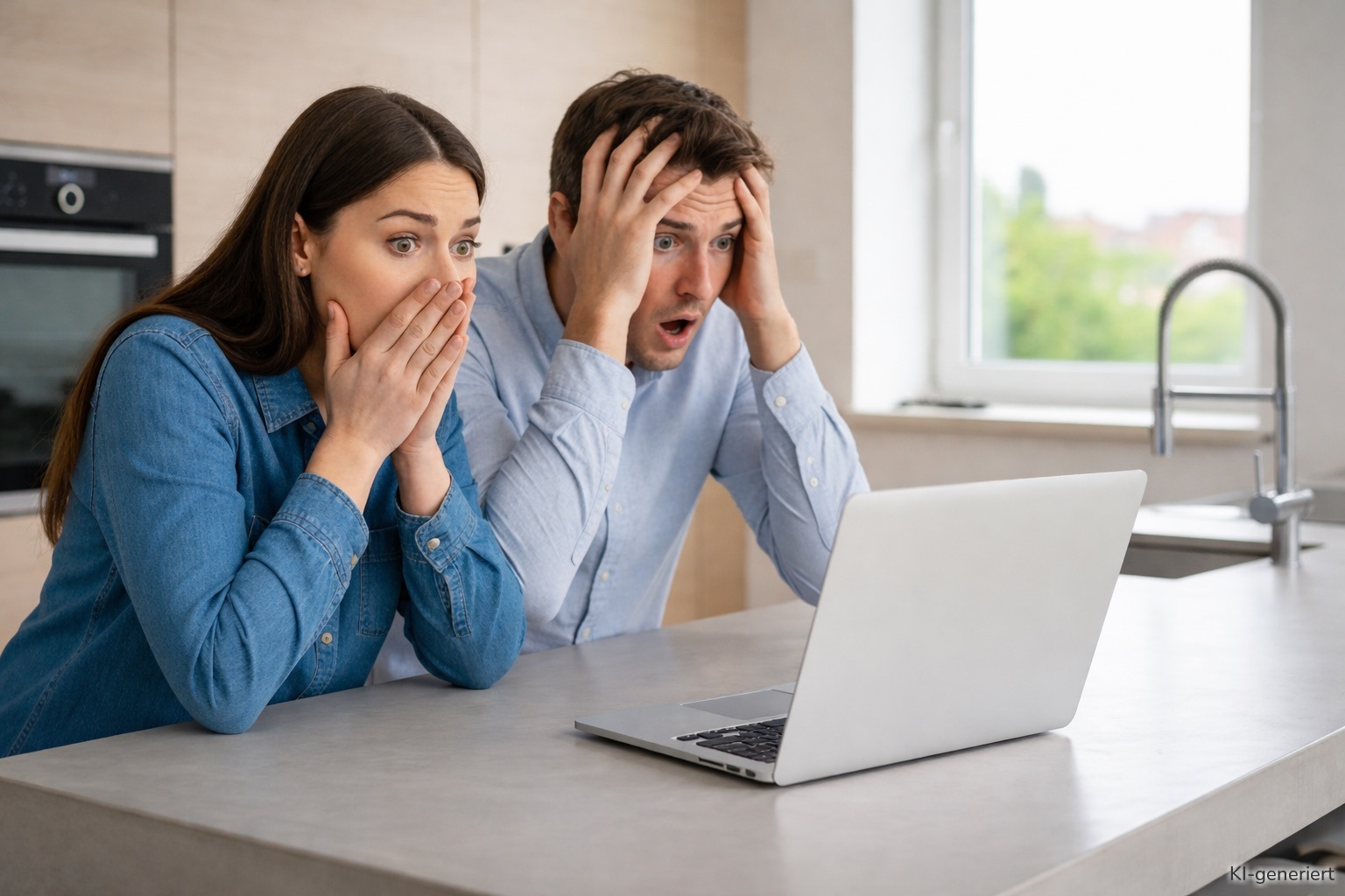 Ein erschrockenes Paar schaut auf den Display seines Laptops.
