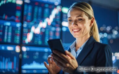 Frau mit einem Smartphone. Im Hintergrund stilisierte Börsengrafiken.