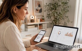 Eine Frau checkt die Kontodaten auf dem Laptop und dem Smartphone.