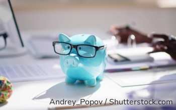 Ein hellblaues Sparschwein mit Brille auf einem Schreibtisch; im Hintergrund eine Frau, die an Dokumenten arbeitet