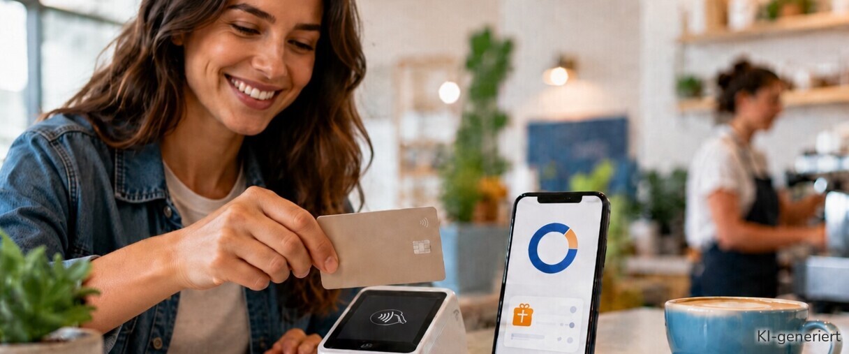 Eine Frau bezahlt über ein SumUp-Terminal und erhält Cashback.
